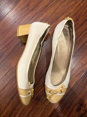 Stuart Weitzman Ivory and Tan Block Heel Ballet Pumps